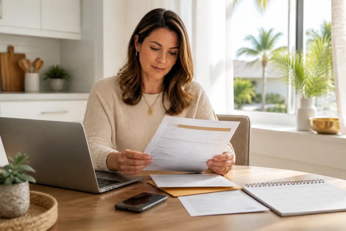 Florida homeowner reviewing a mortgage servicing transfer notice at a kitchen table