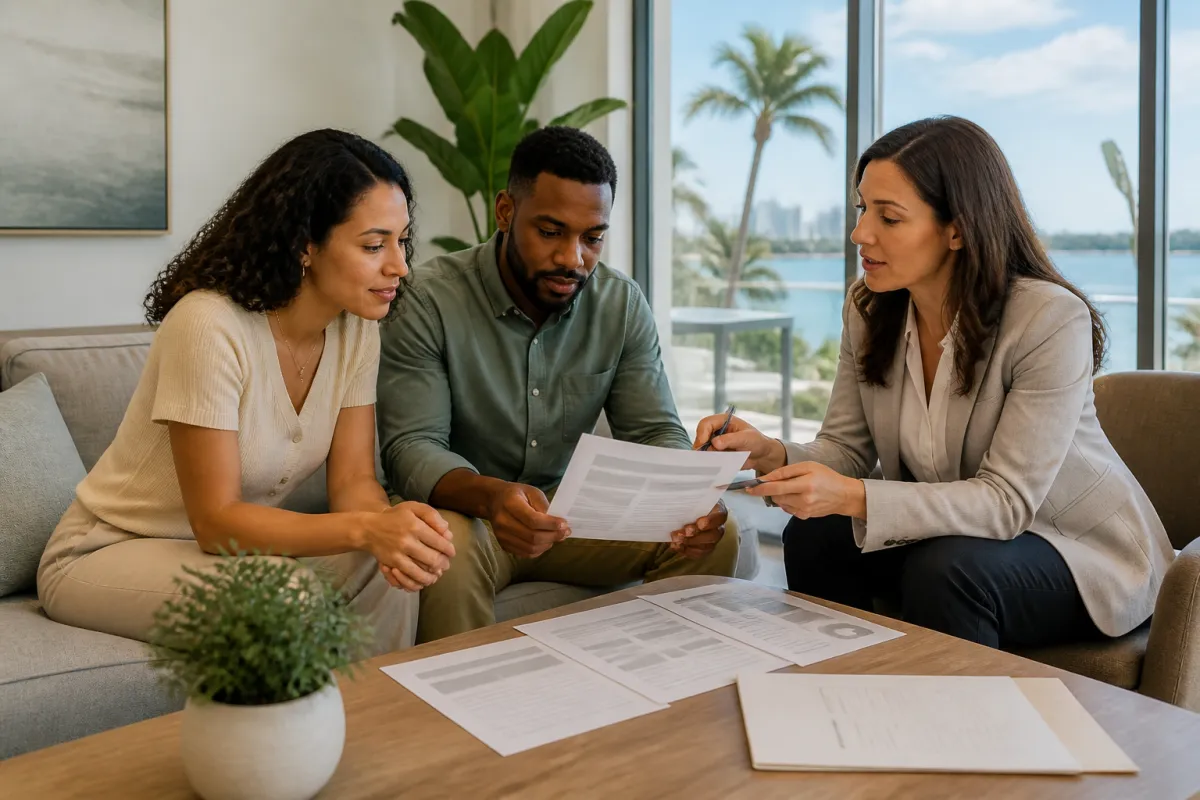 A couple reviewing a Florida condo budget with a mortgage professional in a bright coastal St. Petersburg setting.