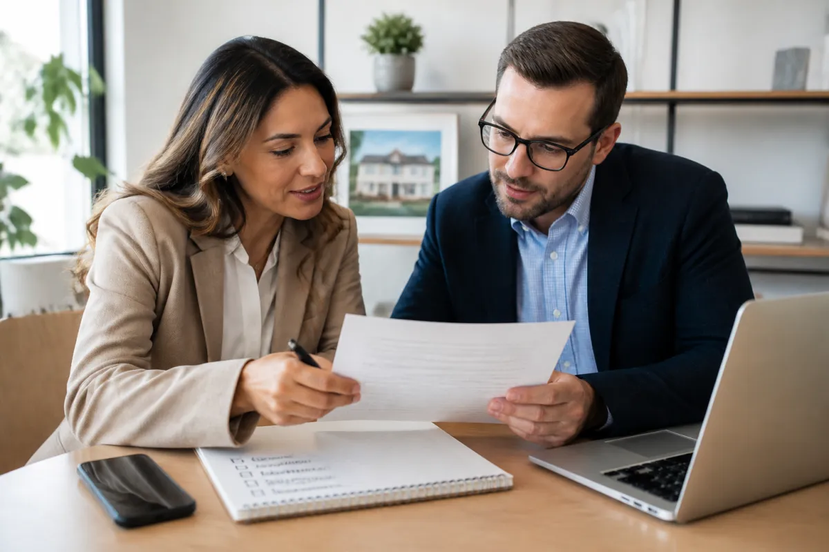 Real estate agent reviewing client notes and preparing a personal follow-up message at a desk