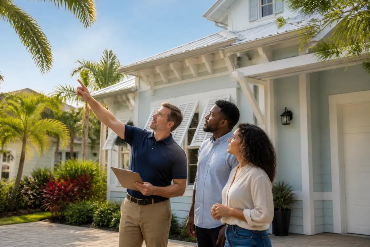 A Florida homebuyer and insurance professional reviewing a home inspection report outside a coastal St. Petersburg house.