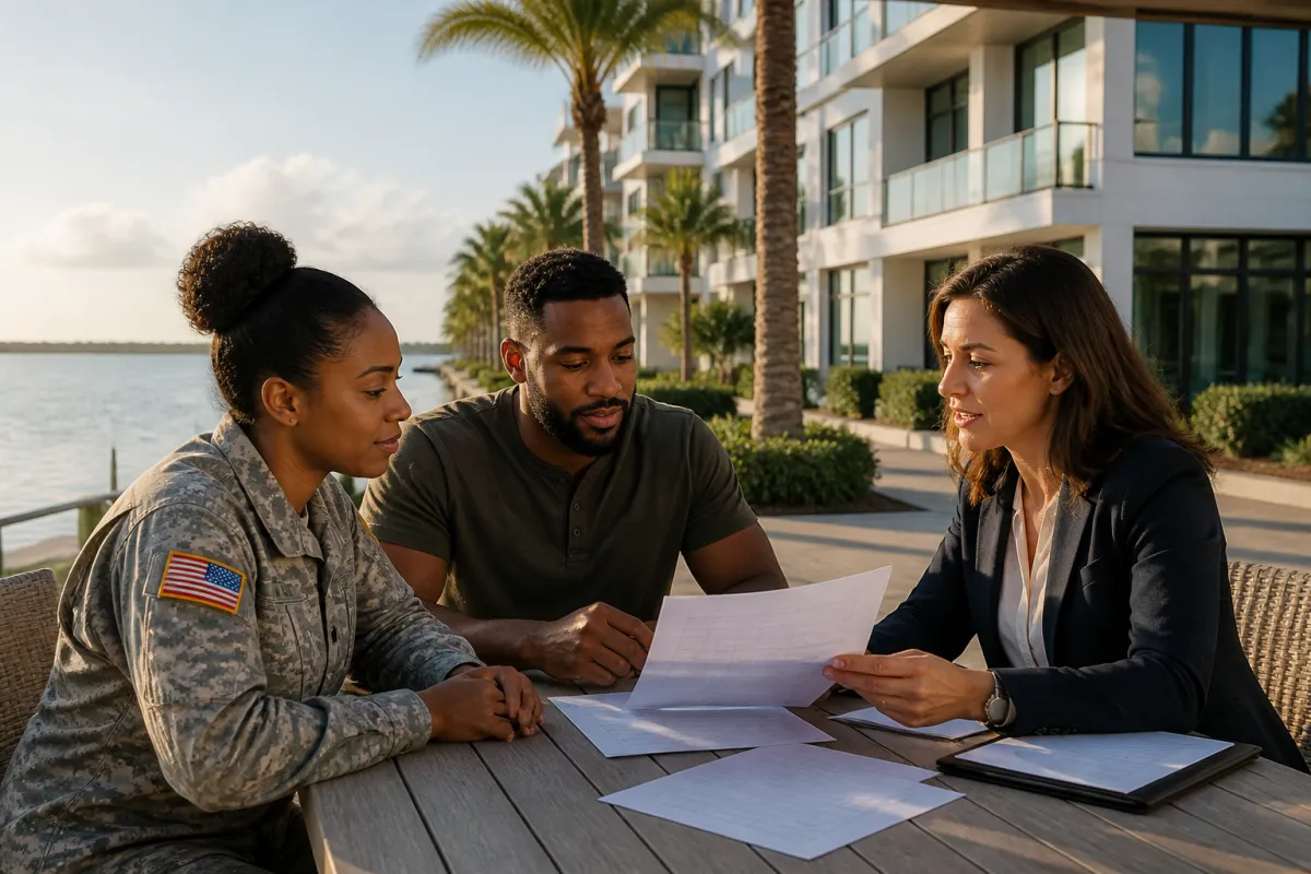 A Veteran couple reviewing condo association documents with a mortgage professional at a bright St. Petersburg waterfront condominium community.