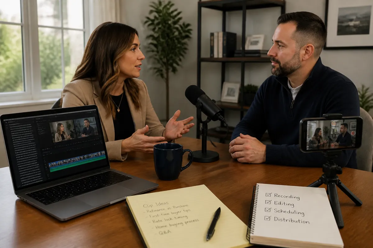Real estate professional recording a video interview in a bright home office with a laptop and simple camera setup