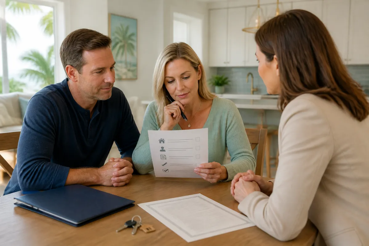 Married couple reviewing home loan documents together at a bright Florida kitchen table