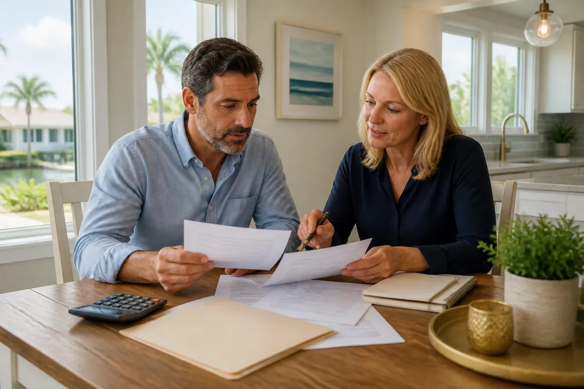 St. Petersburg homeowner reviewing an escrow analysis statement with a mortgage professional at a table
