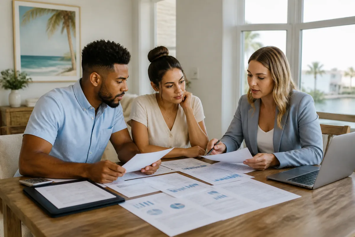 Florida homebuyer reviewing student loan and mortgage preapproval paperwork with a loan professional