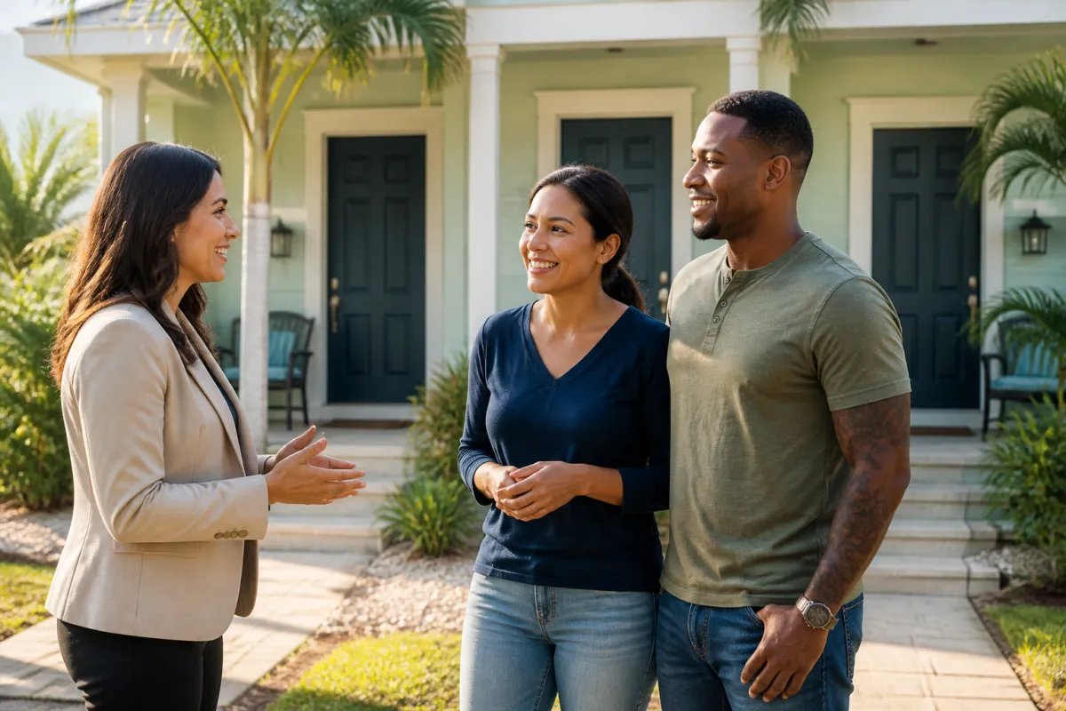 Veteran couple reviewing a Florida duplex with a mortgage professional outside