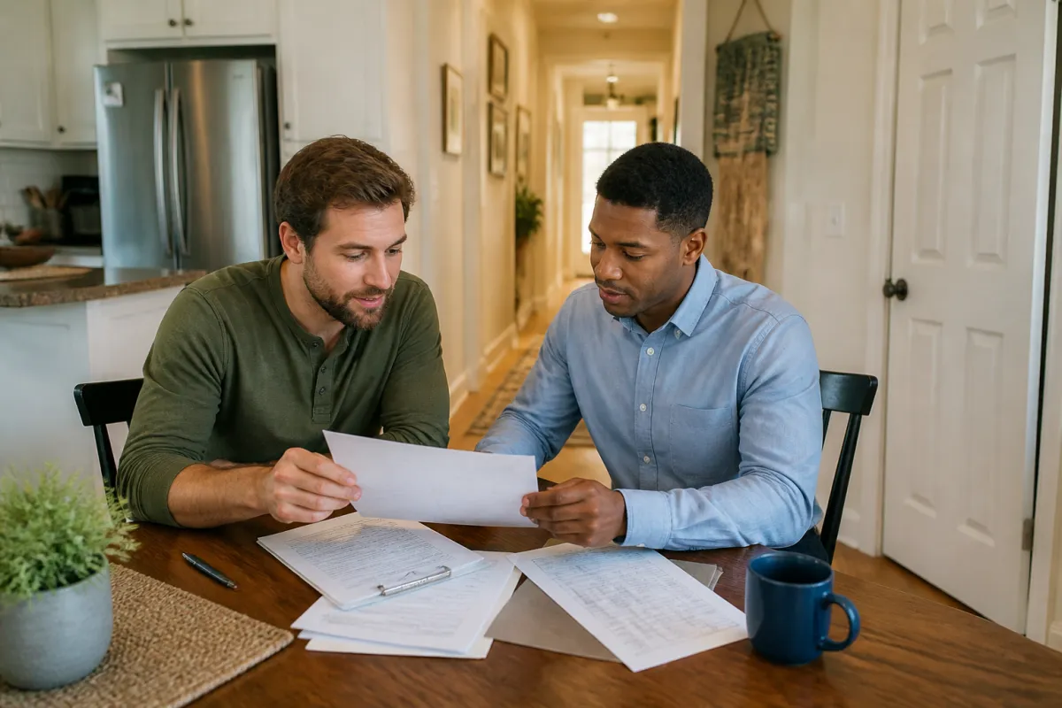 Florida homeowner reviewing a room rental agreement and mortgage documents with a loan advisor at a kitchen table