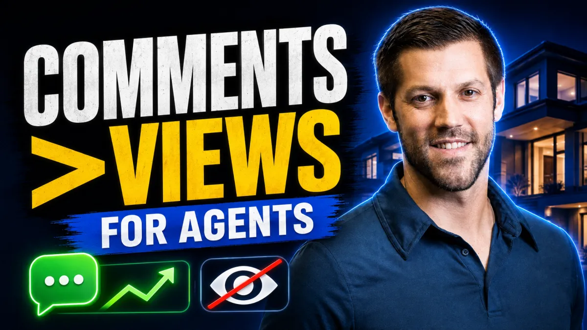 Ryan Speltz beside a modern luxury home with bold text reading ‘Comments > Views for Agents,’ plus comment and crossed-out view icons.