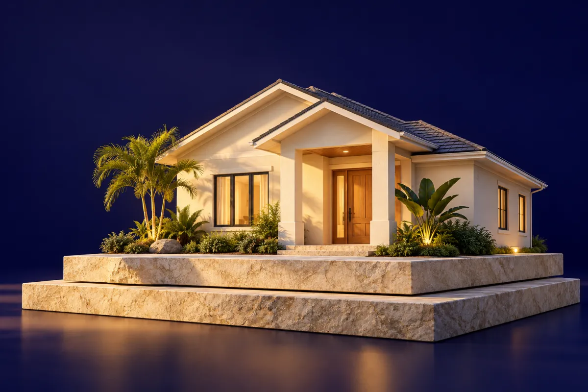 A welcoming home on a layered stone foundation against a navy background.