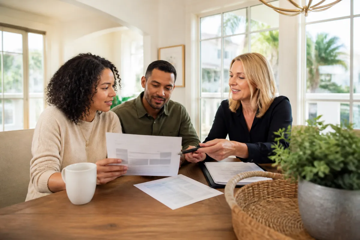 A St. Petersburg homebuyer reviewing a homeowners insurance quote with a mortgage professional at a table