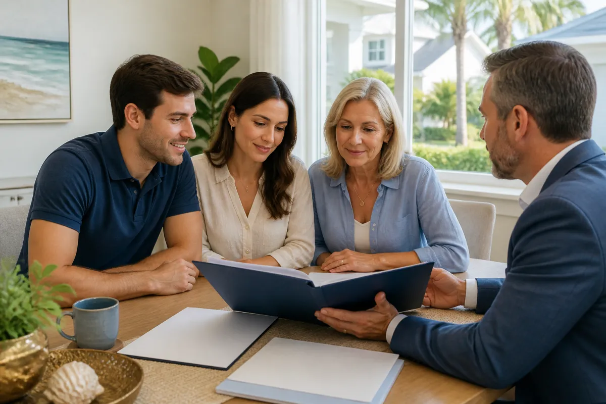Parent and adult child reviewing Florida home purchase documents together at a table with a mortgage professional.