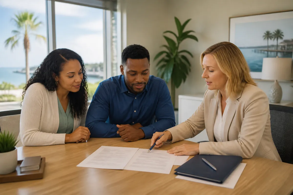 Florida homebuyer reviewing bank transfer records with a mortgage professional before closing