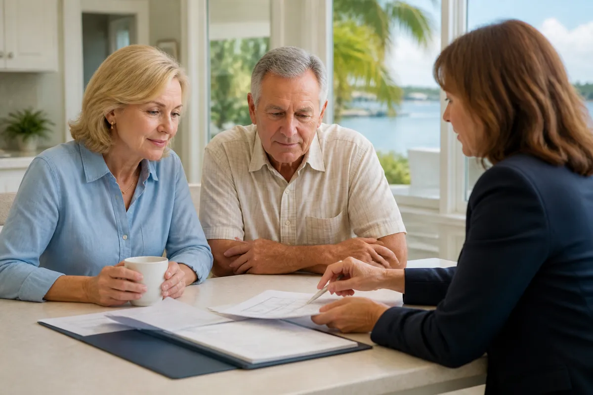 Older Florida homeowners reviewing reverse mortgage information with an advisor at their kitchen table
