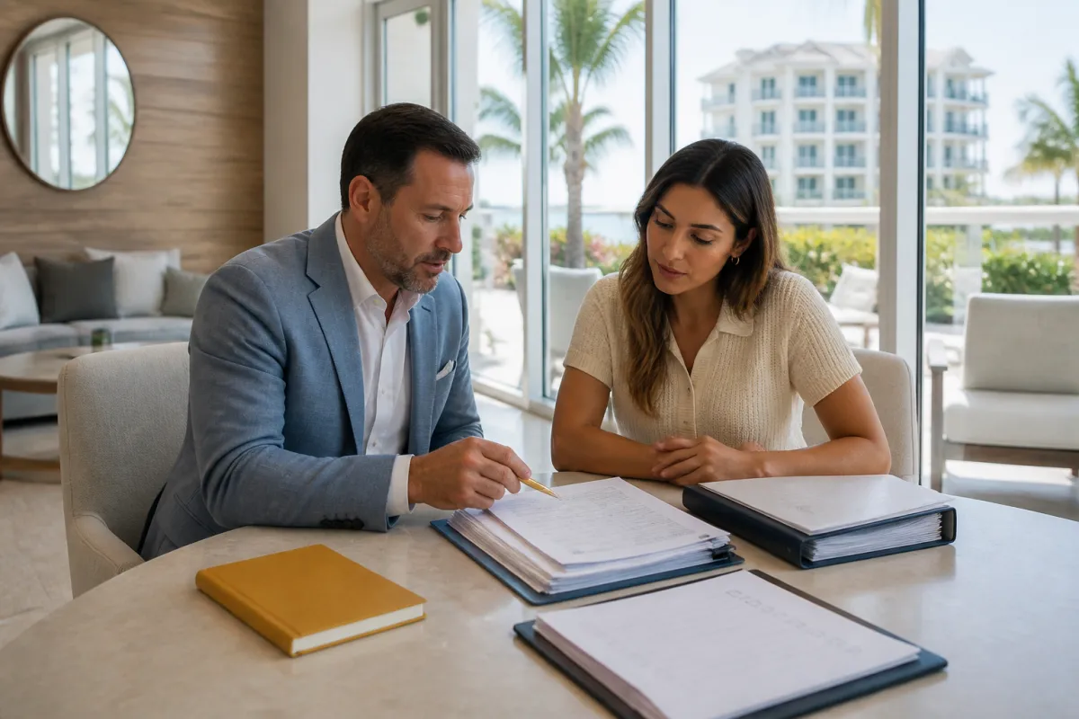 Mortgage professional and Florida condo buyer reviewing condominium association documents at a table near a St. Petersburg waterfront condo building