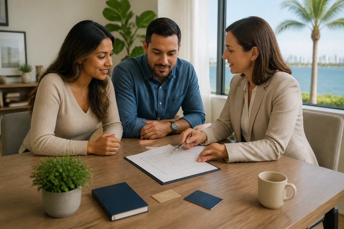Mortgage professional reviewing home loan documents with a visa holder in a bright Florida home setting.
