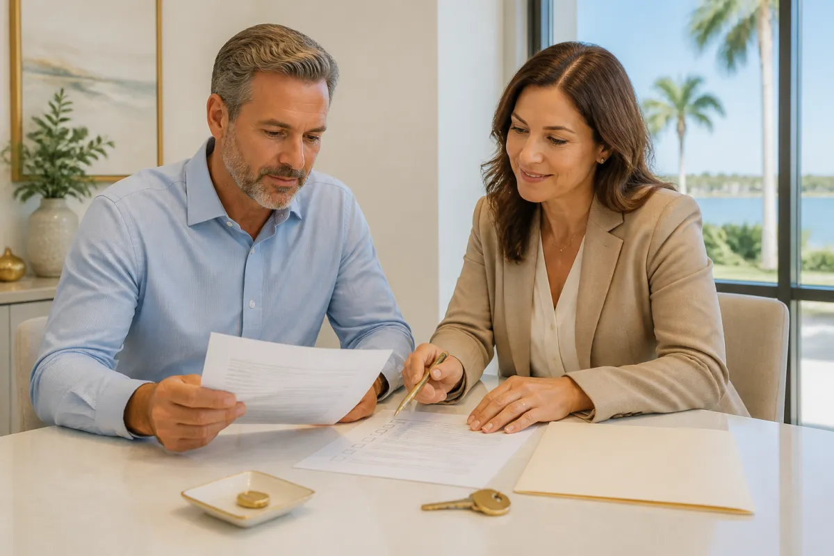 Florida homeowner reviewing a mortgage payoff statement with a title agent at a bright closing table