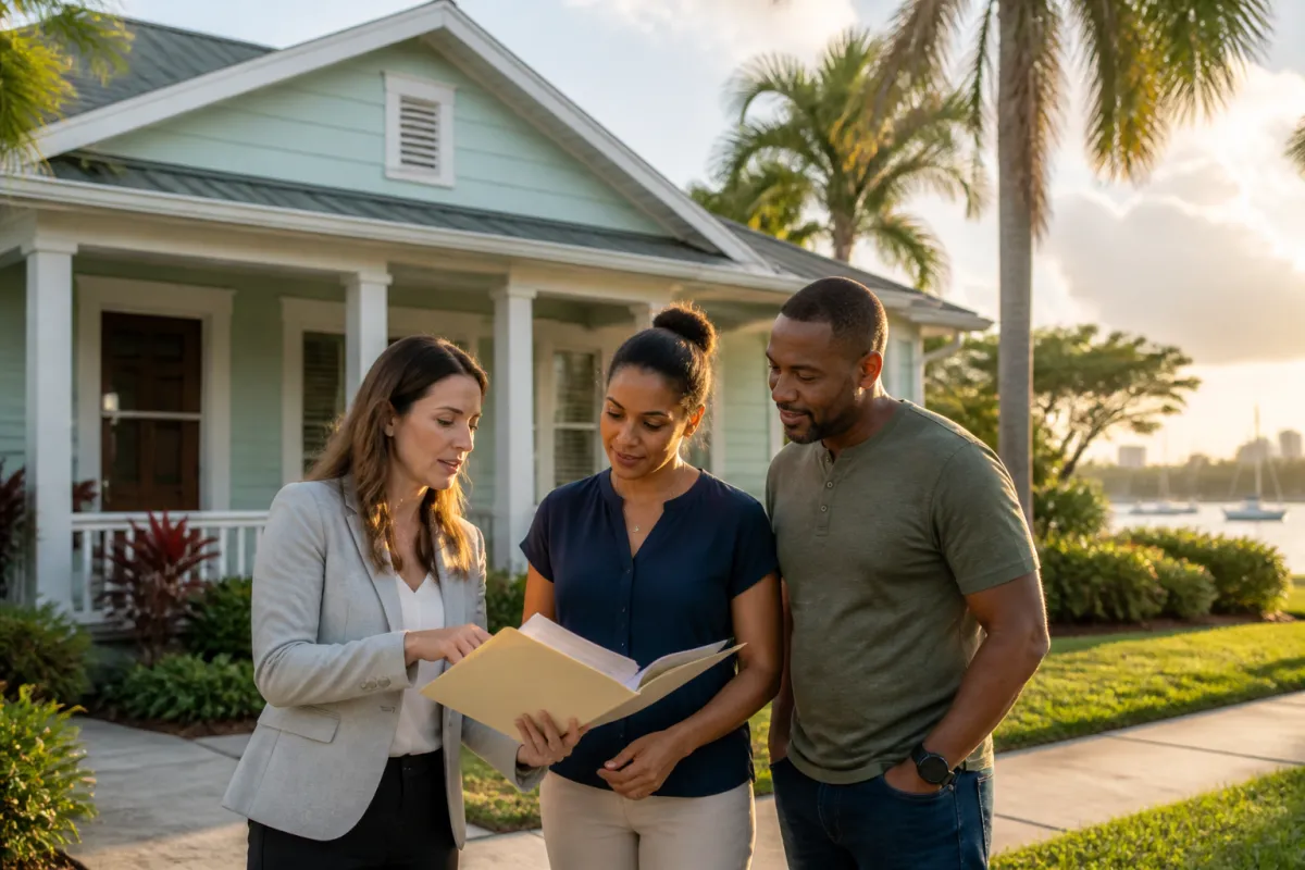 Veteran homebuyers reviewing a St. Petersburg property checklist outside a Florida home