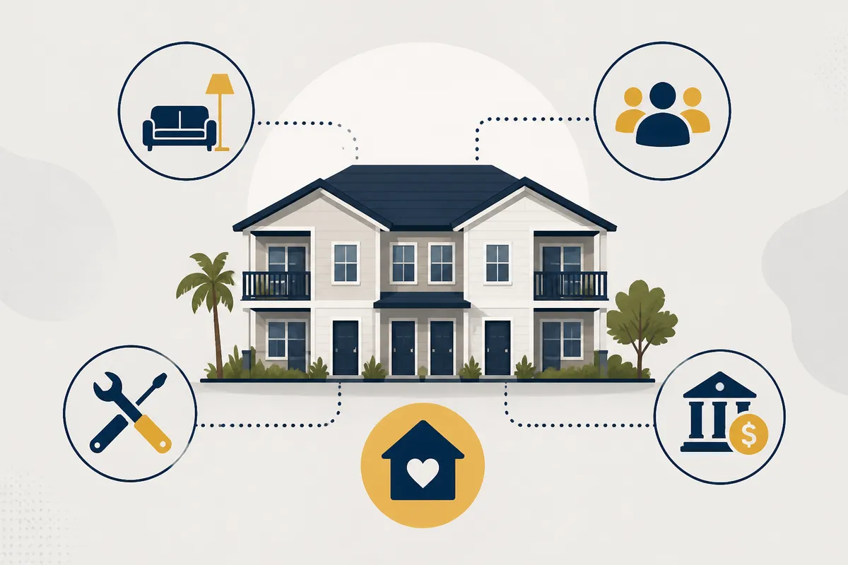 Editorial editorial illustration illustrating Florida Conventional Loan for a Duplex, Triplex, or Fourplex.