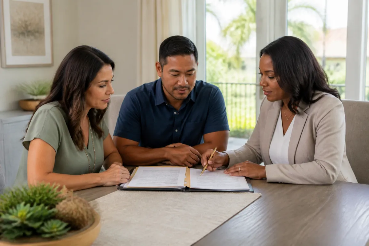 Florida homebuyer reviewing mortgage documents after rebuilding credit following a foreclosure