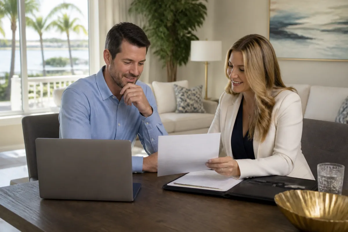 Florida homebuyer reviewing a mortgage preapproval checklist while securely managing credit protection settings on a laptop