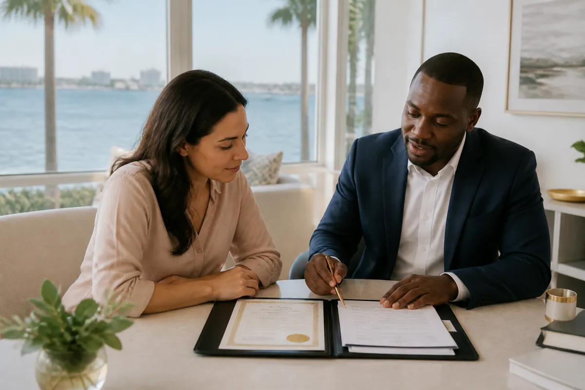 Florida homebuyer reviewing mortgage and bankruptcy documents with a mortgage professional at a bright table