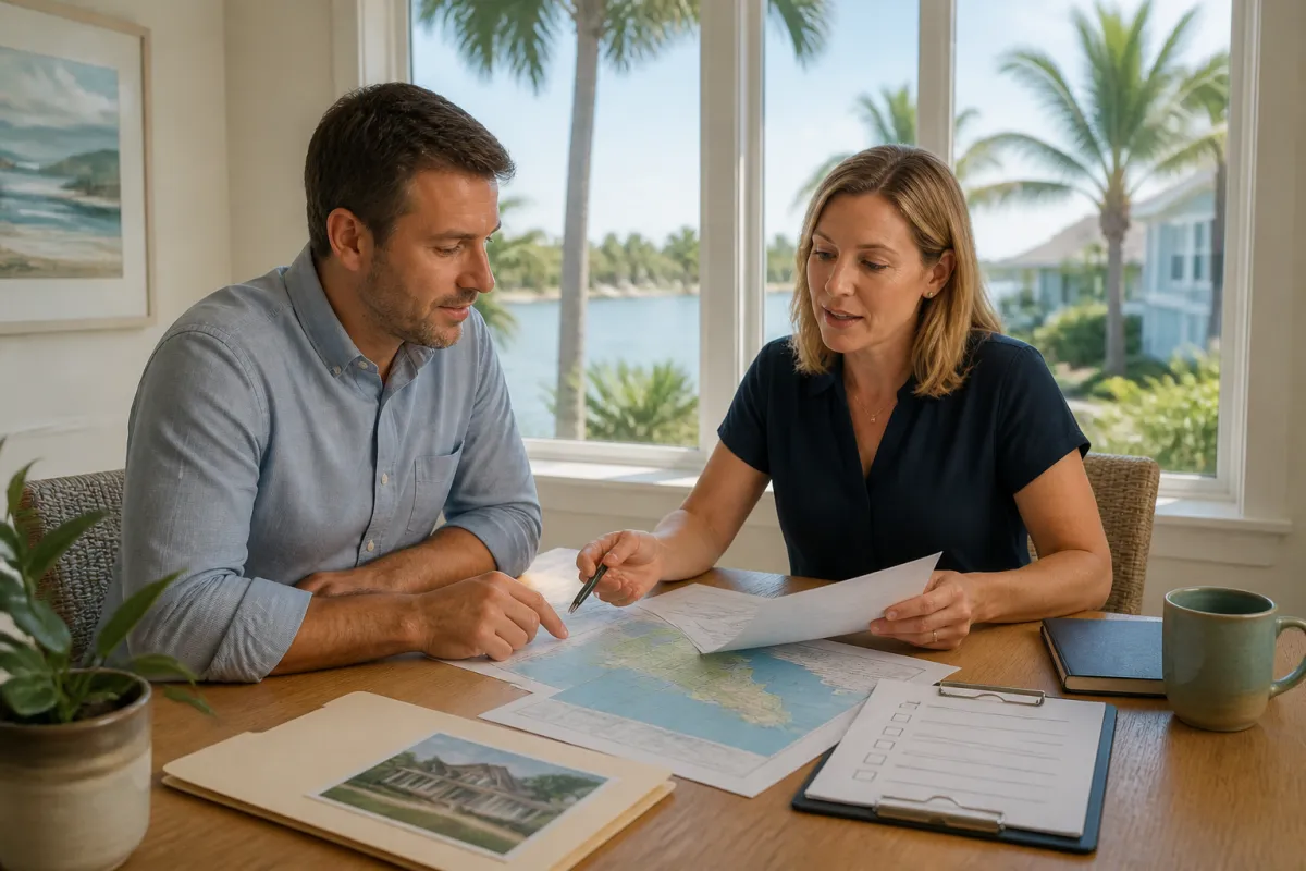 St. Petersburg homebuyer reviewing flood map and insurance papers with a mortgage advisor