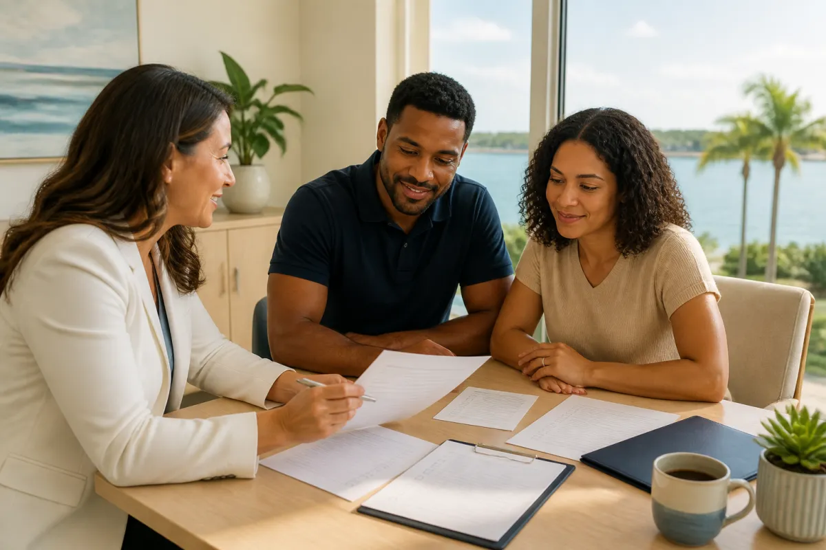 St. Petersburg homebuyers reviewing a purchase contract and closing checklist with a mortgage professional at a desk