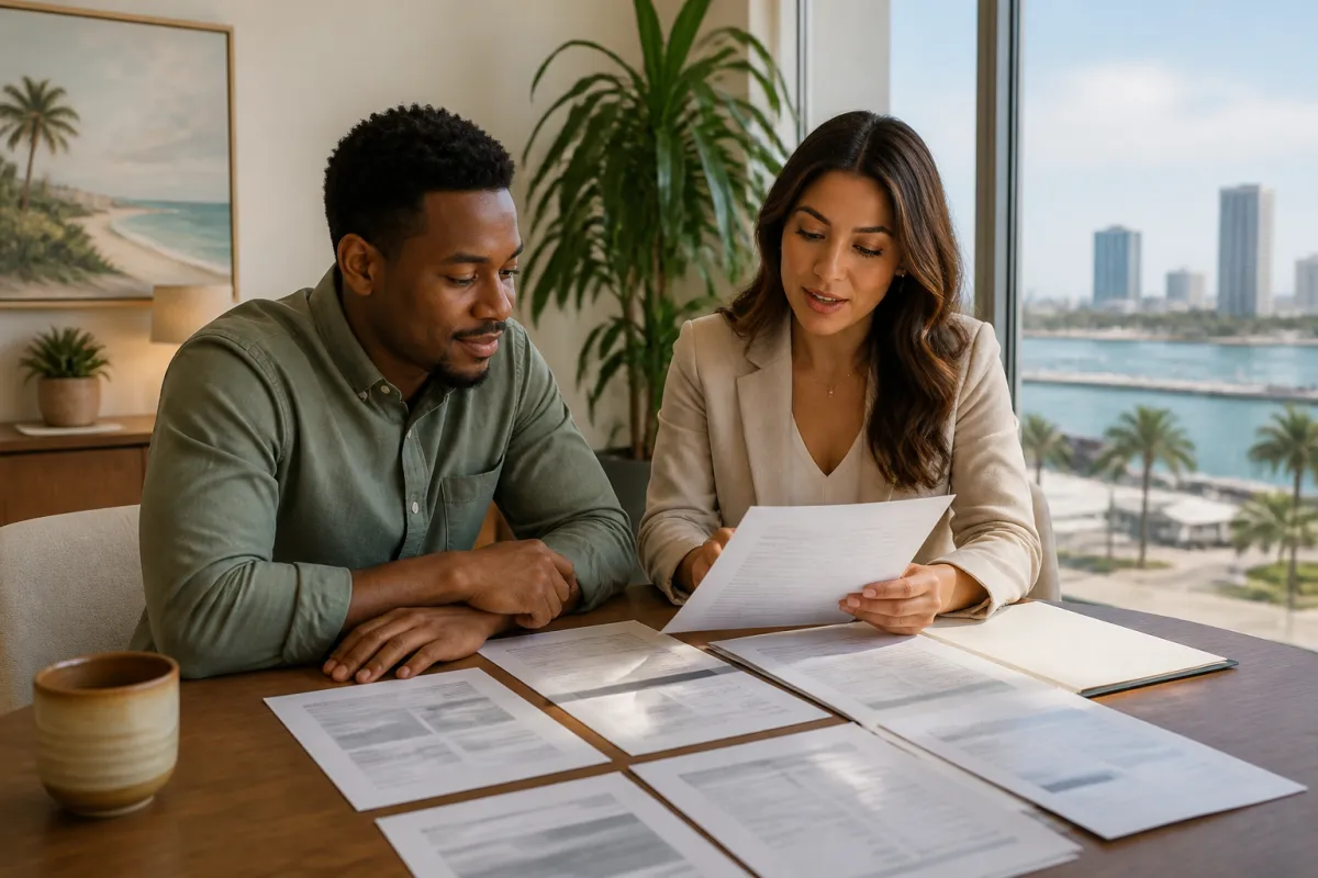 Florida homebuyer reviewing mortgage income documents with a loan professional