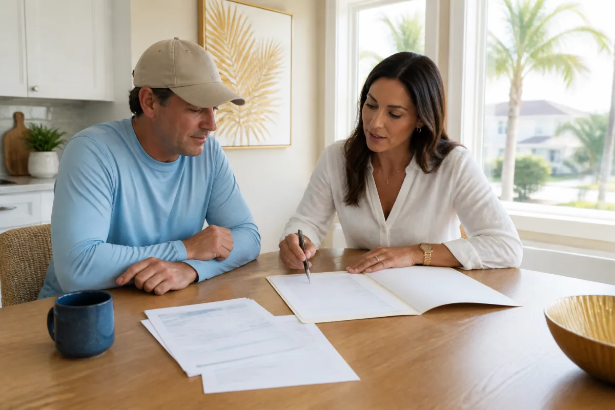 Florida seasonal worker reviewing mortgage documents at a kitchen table with a loan advisor