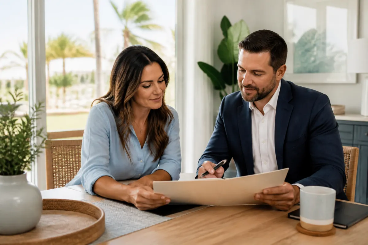 A recently divorced Florida homeowner reviewing home and mortgage documents with a trusted advisor at a sunlit table.