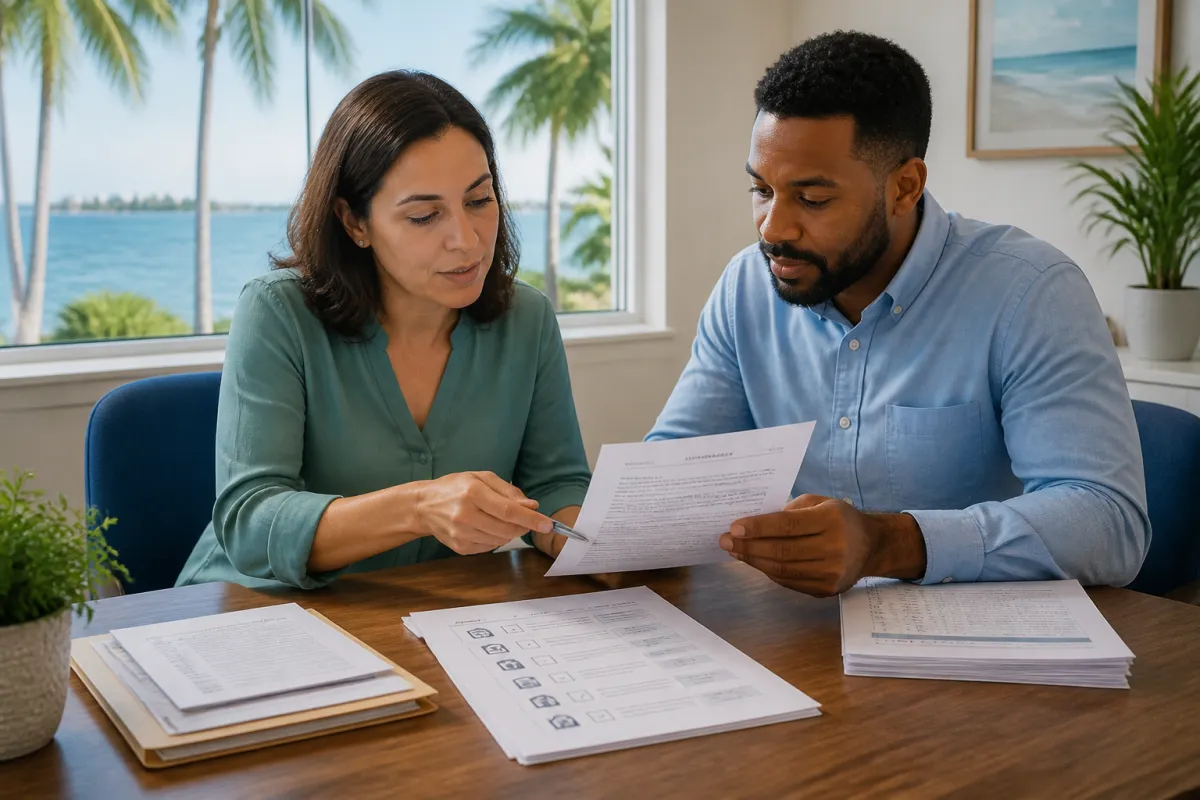 Florida homebuyer reviewing a mortgage letter of explanation with a loan professional at a desk