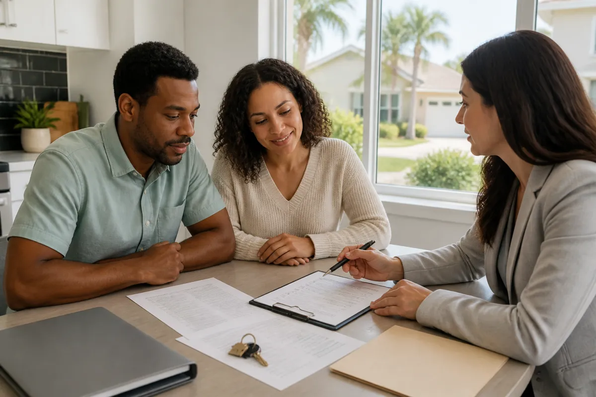 Florida homeowners reviewing rental plans and mortgage documents at a bright kitchen table before moving to a new home.