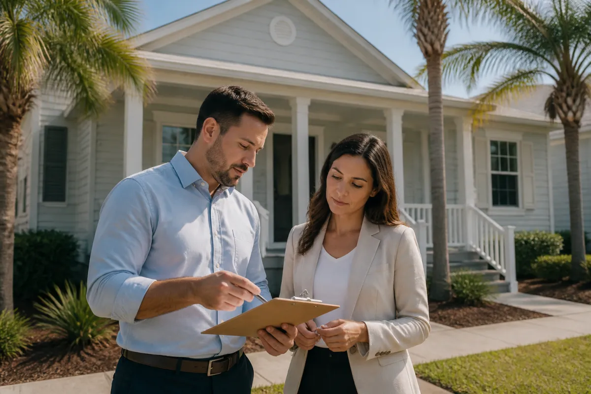 Investor and mortgage advisor reviewing a vacant Florida rental property from the front walkway