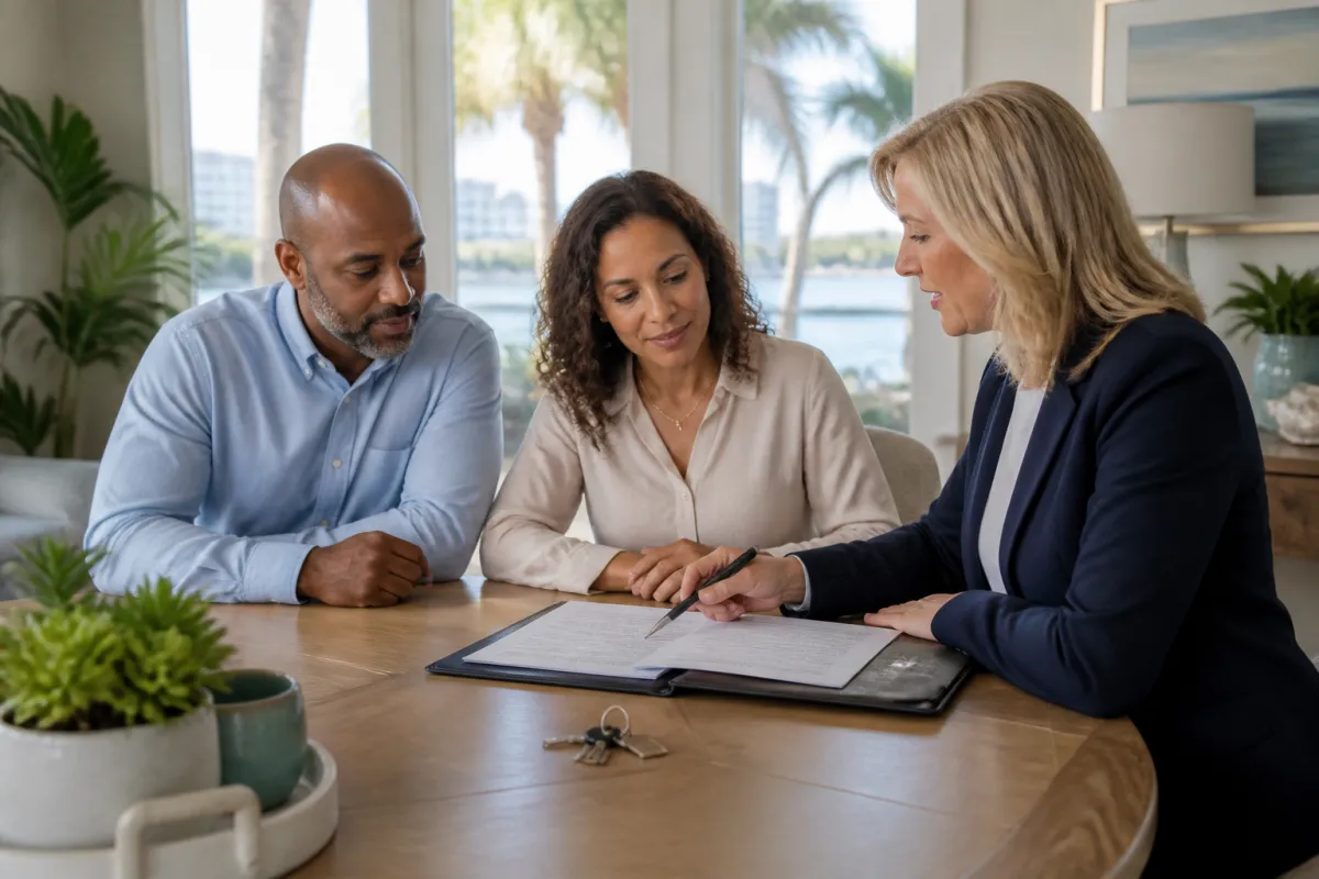 A Florida couple meeting with a mortgage professional and reviewing trust documents at a bright table before a home closing.