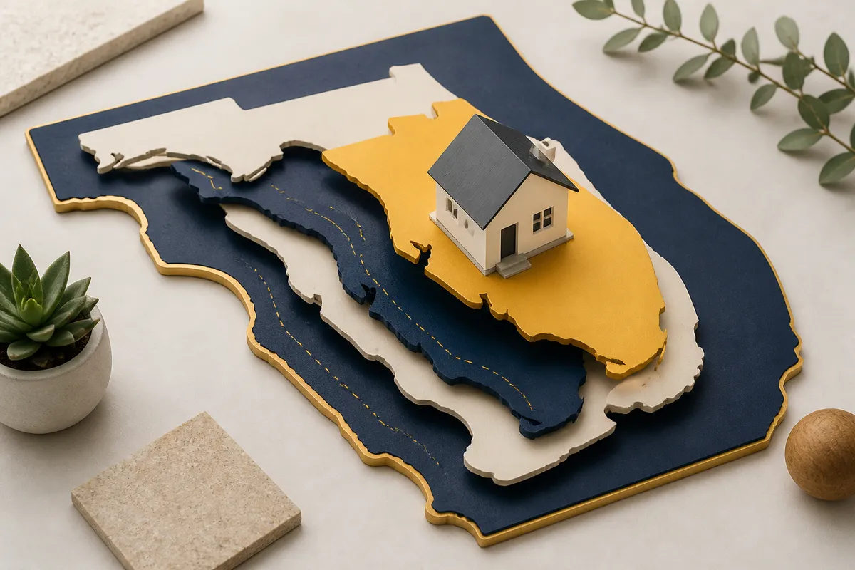 Model house on a layered Florida-shaped map in navy, cream, and gold.