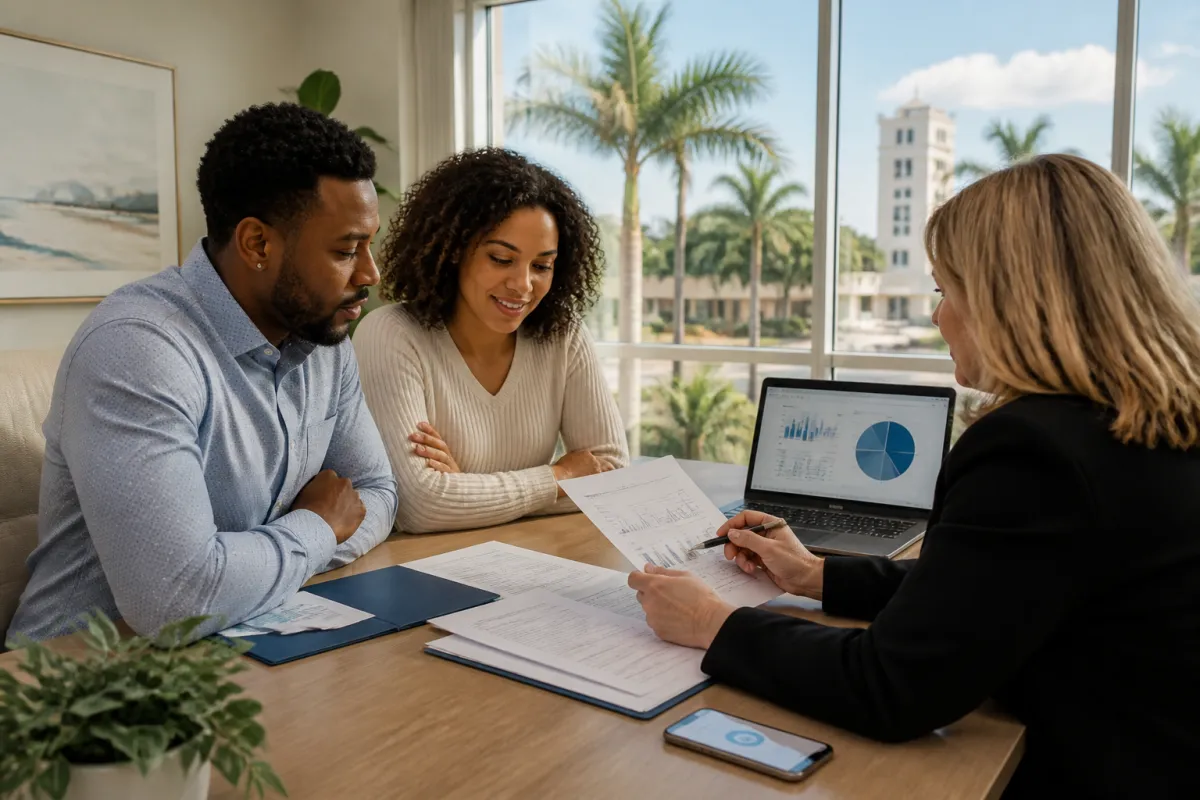 Florida homebuyer reviewing digital asset sale records with a mortgage advisor before closing