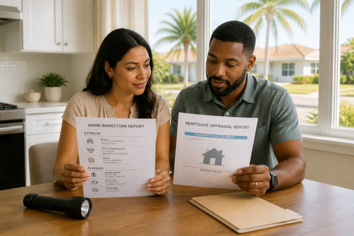 Florida homebuyers reviewing a home inspection report and mortgage appraisal paperwork at a kitchen table