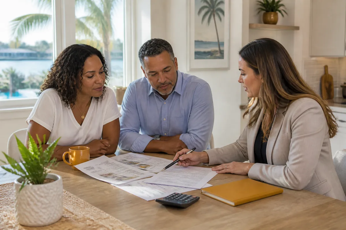 Florida homeowners reviewing mortgage documents together at a sunlit kitchen table