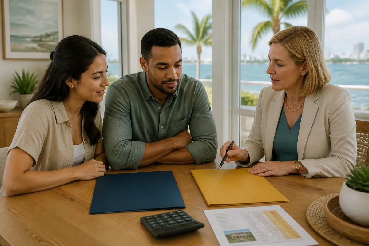 St. Petersburg homebuyers reviewing FHA and conventional mortgage options with a loan professional at a table.