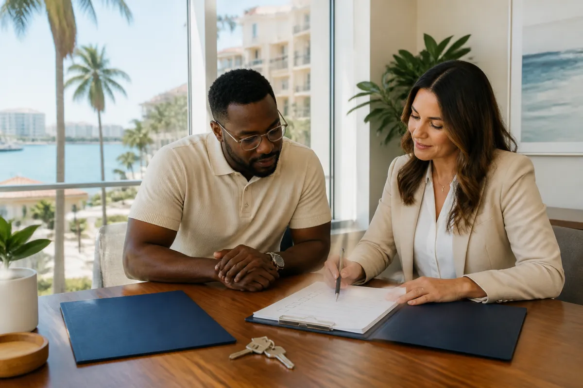 Florida real estate investor reviewing LLC mortgage documents with a loan professional at a bright desk