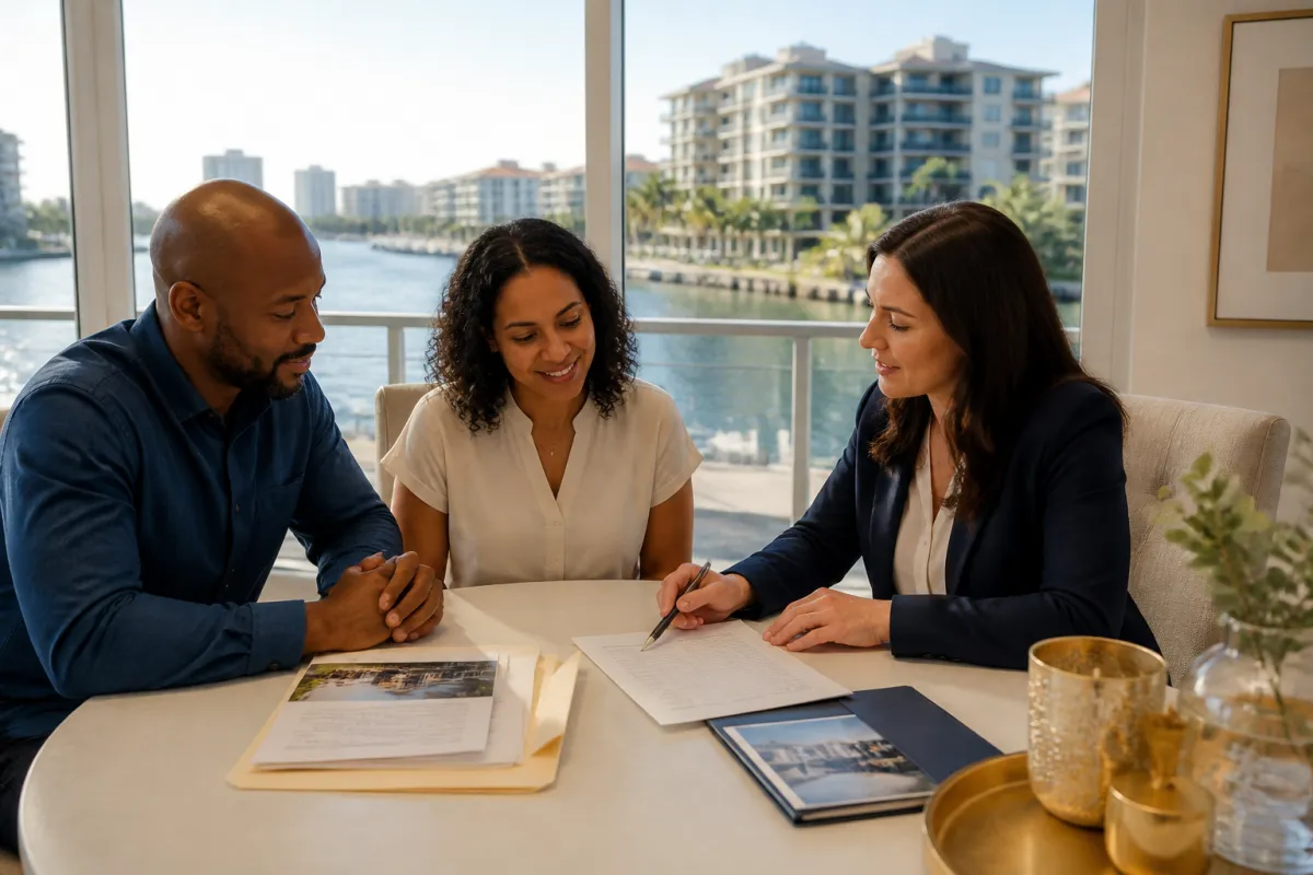 A couple reviewing condominium association documents with a mortgage professional near a St. Petersburg waterfront condo building.