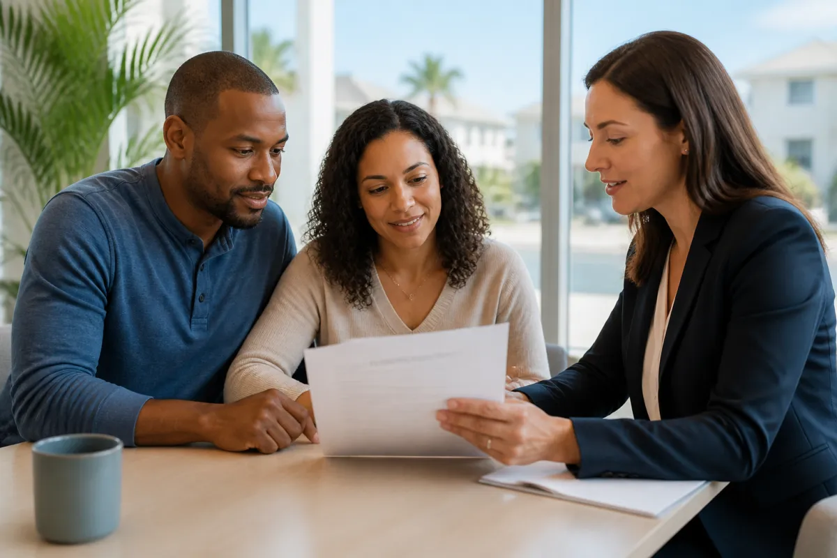 A Florida homebuyer reviewing a mortgage commitment letter with a loan professional at a bright table