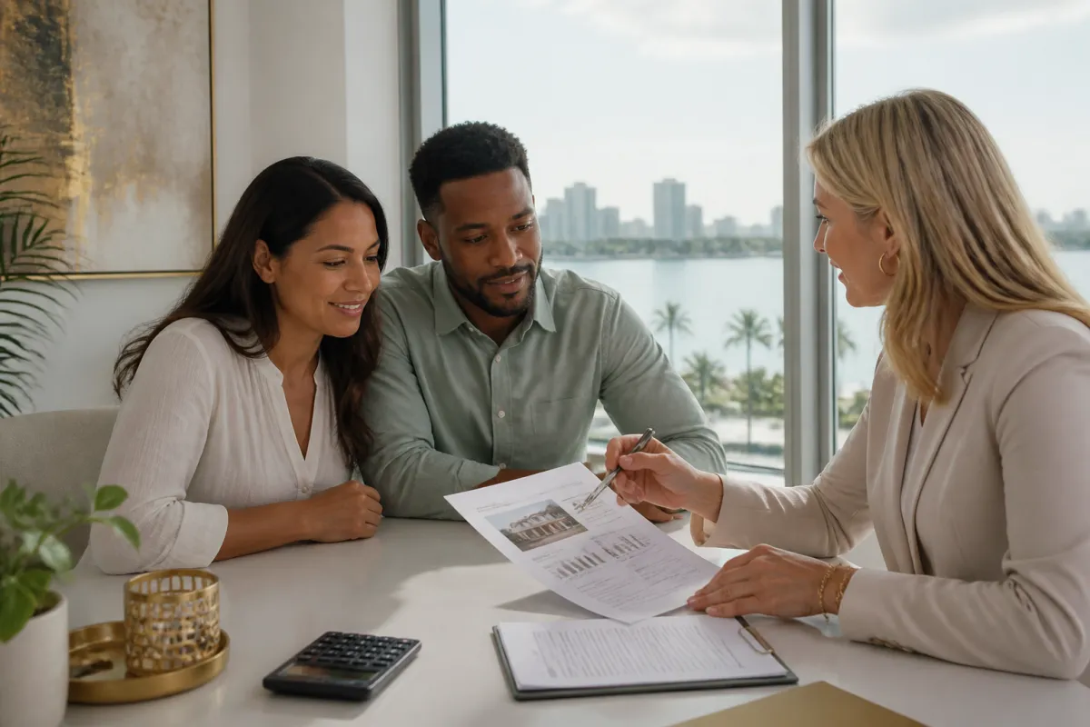 Florida homebuyers reviewing a property appraisal and purchase contract with a mortgage professional at a bright table.