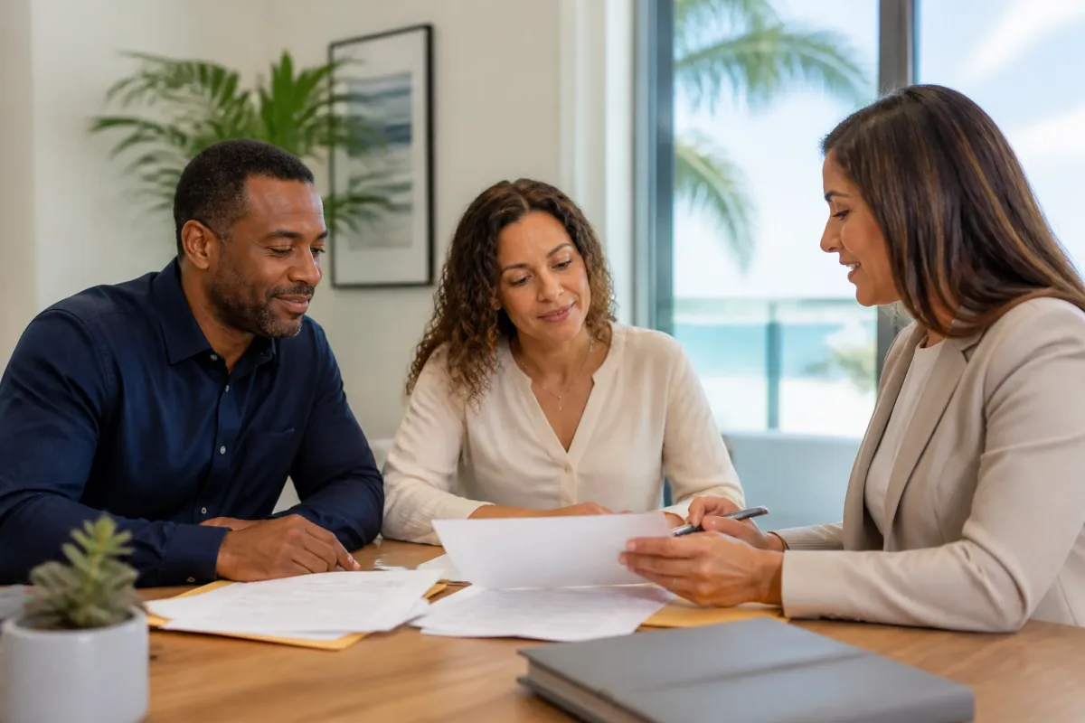 Former spouses reviewing home and mortgage paperwork with a Florida title professional in a bright, calm office.