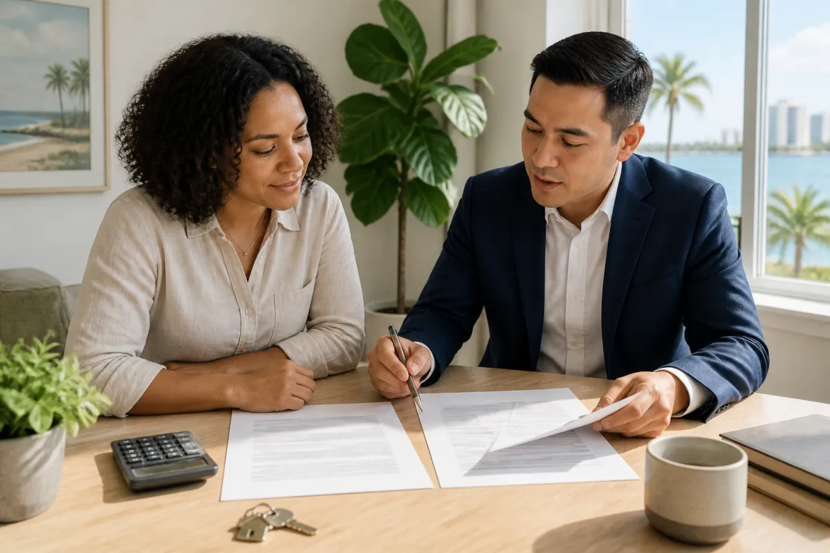 Florida homebuyer reviewing a revised mortgage Loan Estimate with a loan professional