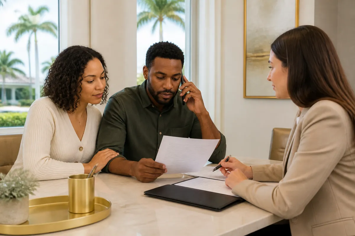 Homebuyers reviewing verified closing instructions with a title company representative at a Florida closing office.