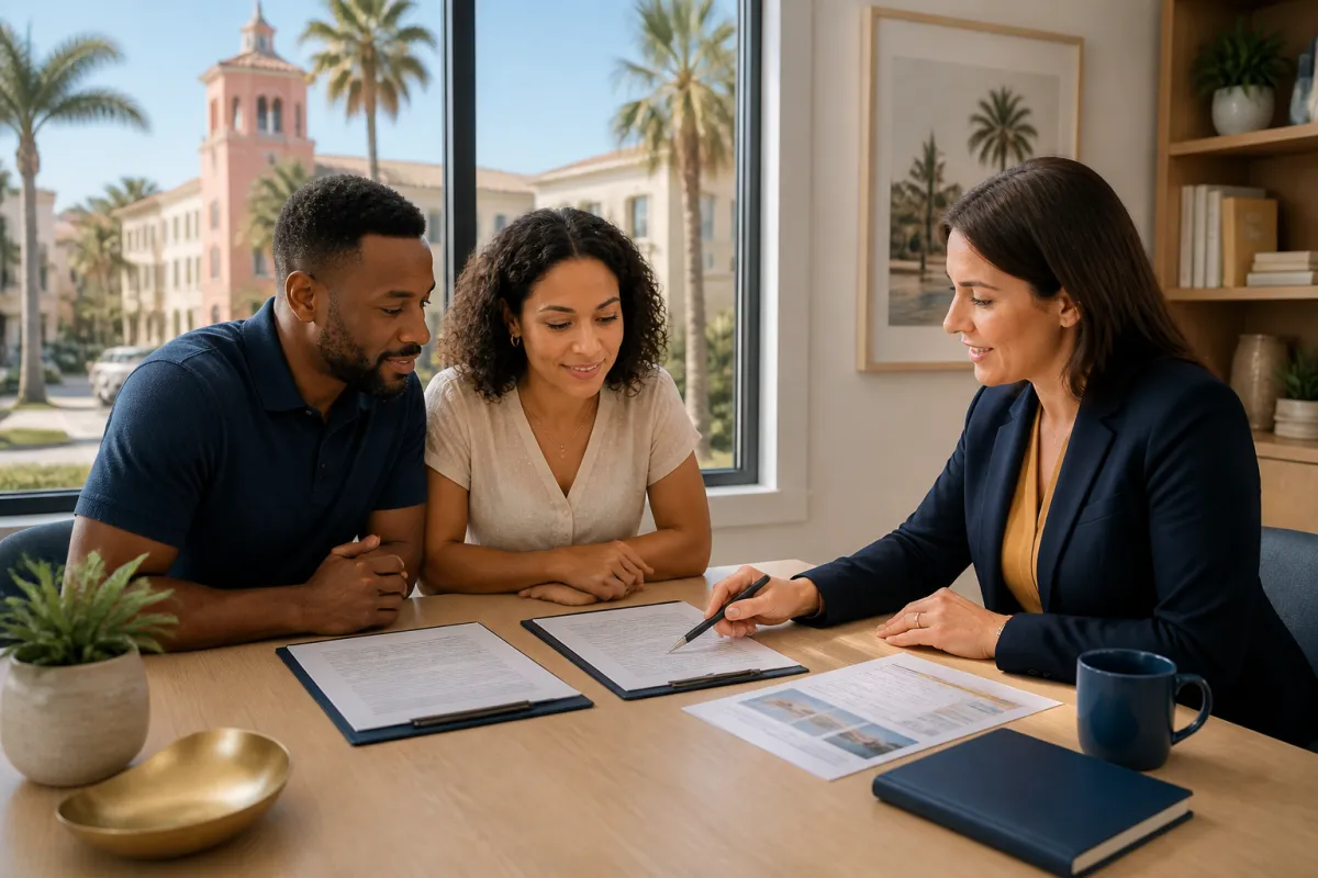 St. Petersburg homebuyers reviewing mortgage loan offers with a local advisor at a table