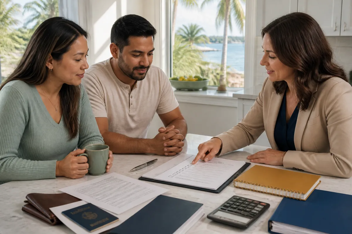 Florida homebuyer reviewing mortgage documents with an ITIN lender checklist at a bright kitchen table