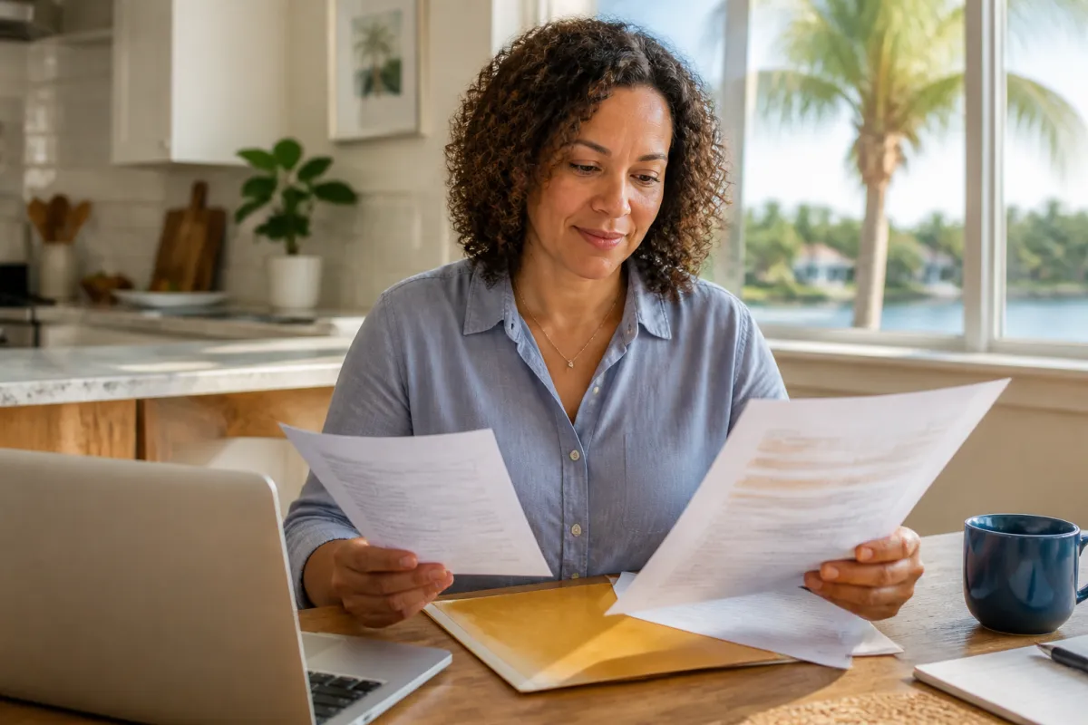 Florida homeowner reviewing mortgage payoff and lien release papers at a kitchen table