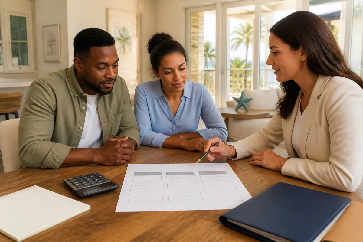 Florida homebuyers reviewing mortgage discount point options and closing costs at a table